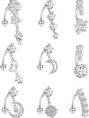 14G Stainless Steel Dangle Belly Rings - 9Pcs Curved Barbell Body Jewelry for